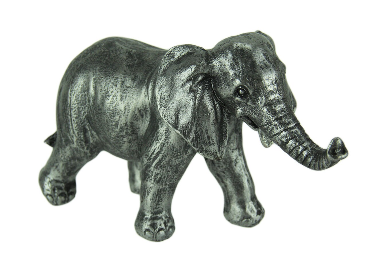 Antique Silver Finish Walking Trunk Up Elephant Statue